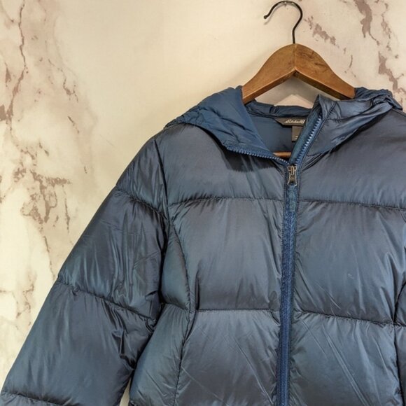 Eddie Bauer Down Puffer Jacket Women Medium Blue Parka Coat Hood Long 650 FP - Picture 2 of 13
